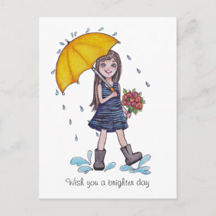 Carte Postale Fille Avec Parapluie Jaune En Aquarelle