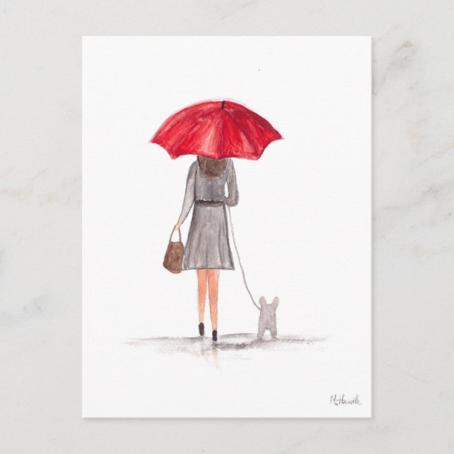 Carte Postale Fille avec parapluie rouge feminine girly aquarell (Devant)