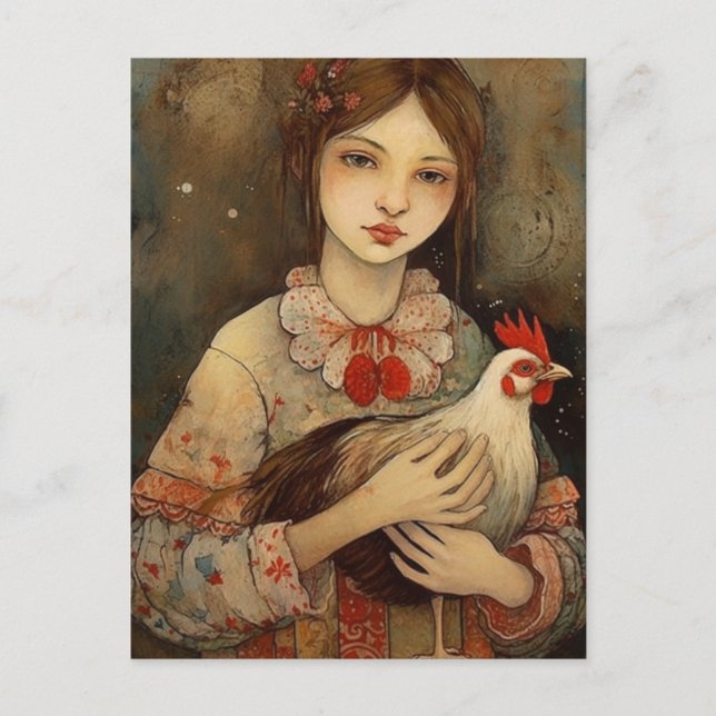 Carte Postale Fille avec son animal de compagnie poulet Ai Art (Devant)