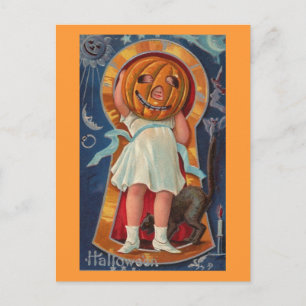 Carte Postale Fille avec tête Citrouille, Halloween Vintage