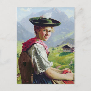 Carte Postale Fille avec un Casquette dans Paysage de montagne