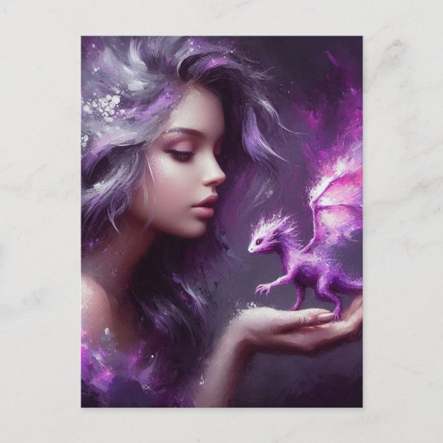 Carte Postale Fille avec un minuscule Dragon violet (Devant)