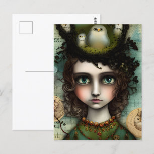 Carte Postale Fille avec un nid d'oiseaux sur sa tête