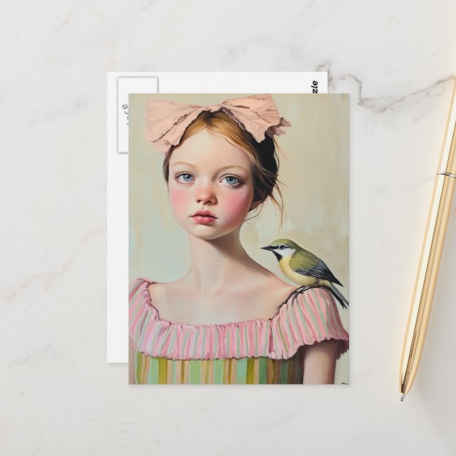 Carte Postale Fille avec un oiseau mignon sur son épaule (Devant/Arrière en situation)