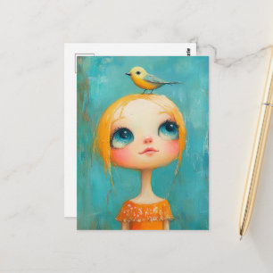 Carte Postale Fille avec un oiseau sur la tête
