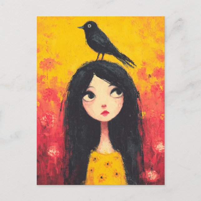 Carte Postale Fille avec un oiseau sur sa tête (Devant)