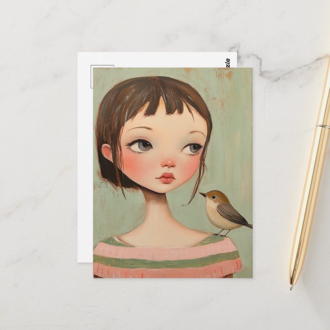 Carte Postale Fille avec un oiseau sur son épaule (Devant/Arrière en situation)