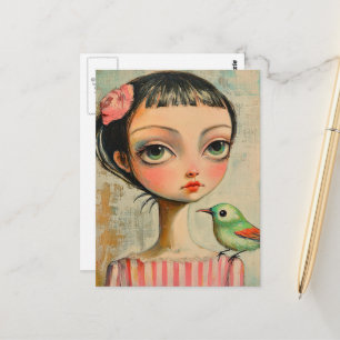 Carte Postale Fille avec un oiseau vert mignon sur son épaule