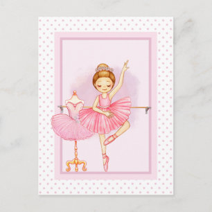 Carte Postale Fille ballerine & ours en peluche rose à pois 
