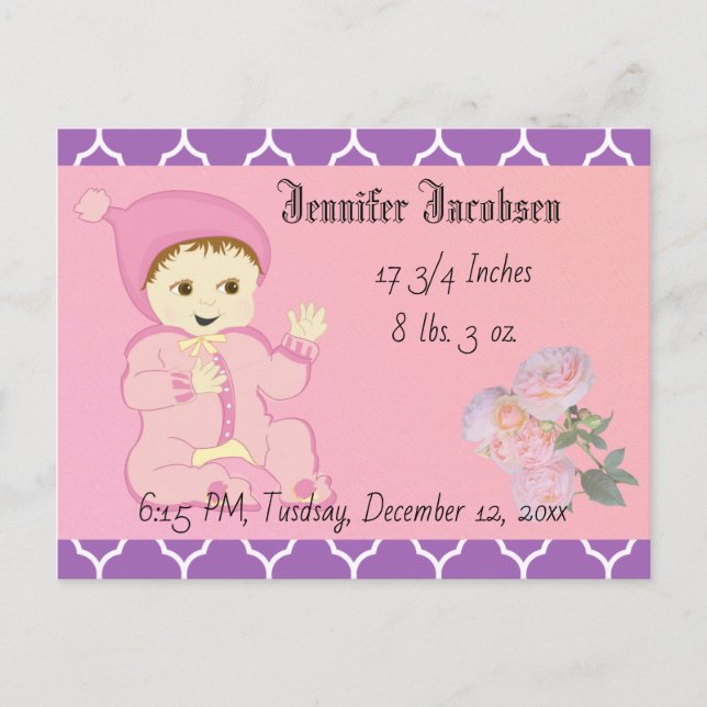 Carte Postale Fille bébé en rose avec fleurs (Devant)
