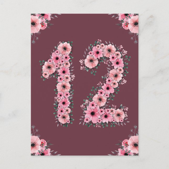 Carte Postale Fille Big 12e anniversaire Fleurs roses Lieux vert (Devant)