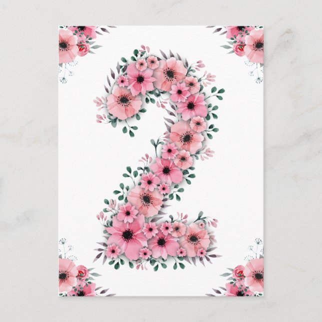 Carte Postale Fille Big 2e anniversaire Fleurs roses Lieux verts (Devant)