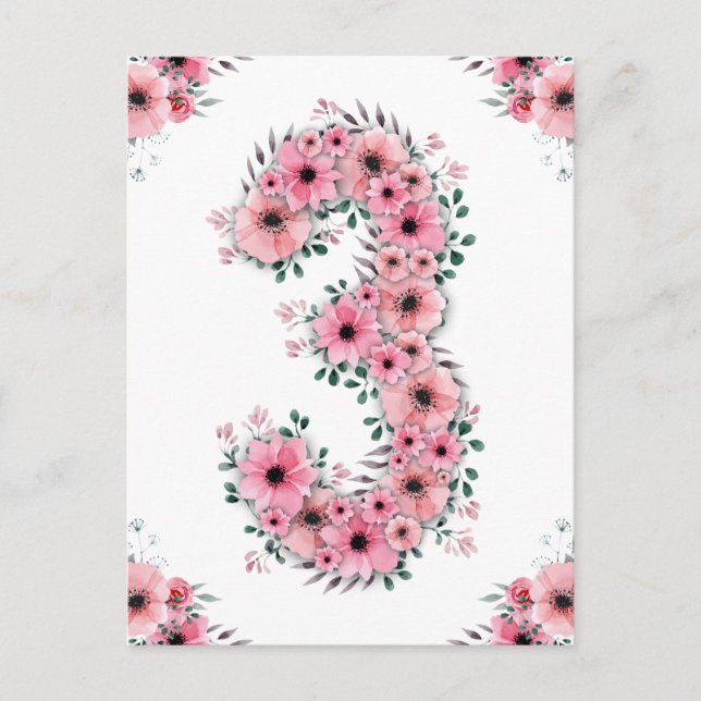 Carte Postale Fille Big 3e anniversaire Fleurs roses Lieux verts (Devant)