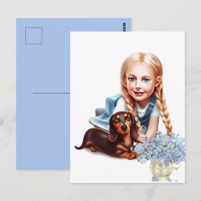 Carte Postale Fille blonde avec chiot Dachshund (Devant / Derrière)