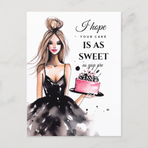 Carte Postale Fille blonde robe noire gâteau d'anniversaire aqua