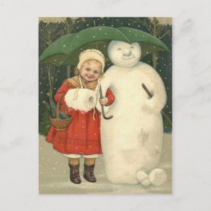 Carte Postale Fille Bonhomme de Neige Parapluie Chute de Neige