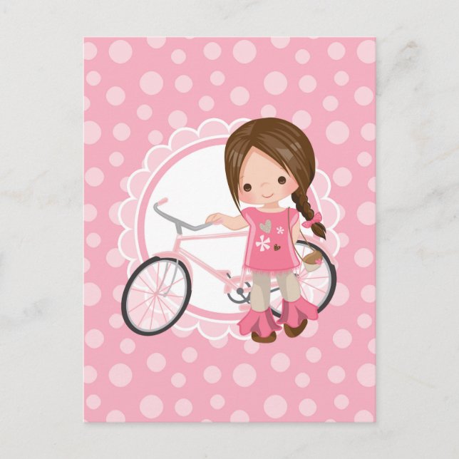 Carte Postale Fille Brunette à Bicyclette - Rose Blanc (Devant)