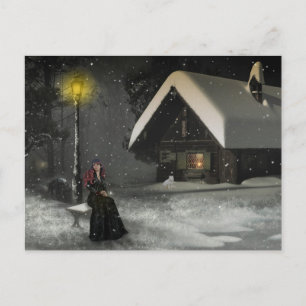 carte postale fille cabane de bois en hiver