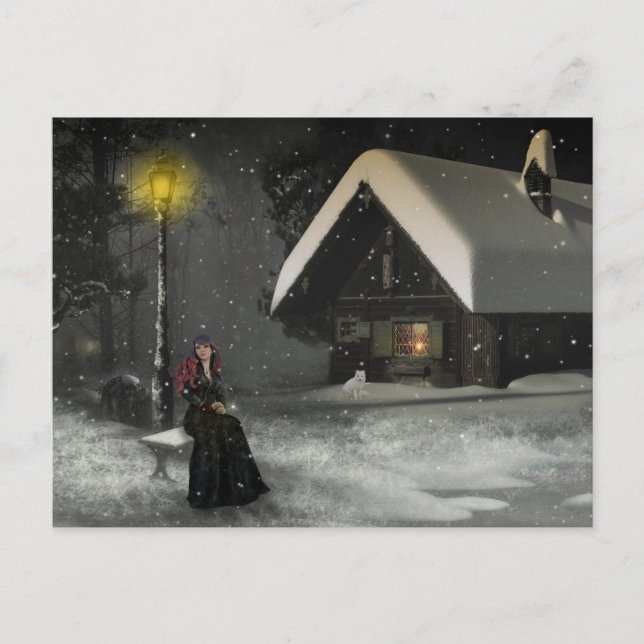 carte postale fille cabane de bois en hiver (Devant)