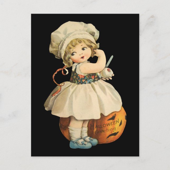 Carte postale Fille Carving Apple Halloween (Devant)
