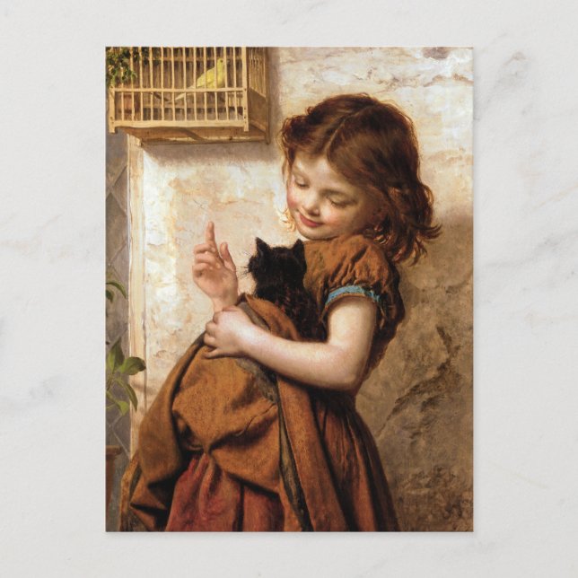 Carte Postale Fille, chat et oiseau - Peinture vintage (Devant)