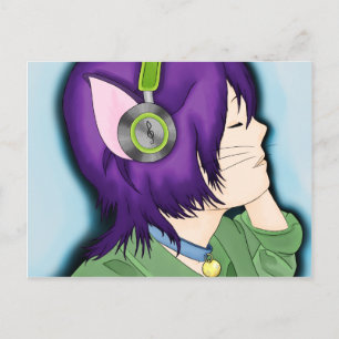 Carte Postale Fille Chat Flambée Violette Avec Casque
