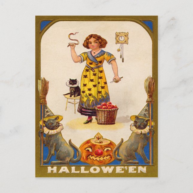 Carte Postale Fille Chat Noir Citrouille (Devant)