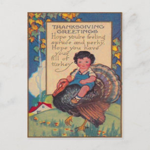 Carte Postale Fille chevauchant un dindon