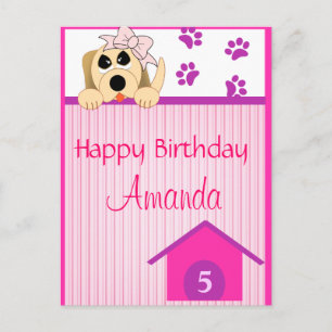 Carte Postale Fille Chien avec Bow & Dog House Anniversaire