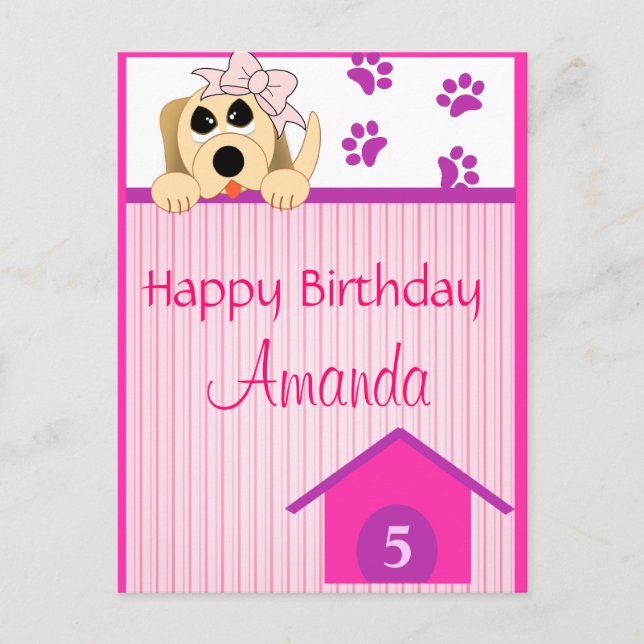 Carte Postale Fille Chien avec Bow & Dog House Anniversaire (Devant)