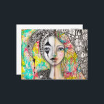 Carte Postale Fille colorée Jester noir blanc amusant Whimsical<br><div class="desc">Cette carte postale d'art fantaisiste a été créée à partir de ma peinture originale d'une jeune fille cool d'art avec des lettres originales en noir et blanc sur le devant et une jeune fille noire et blanche d'art jester recouverte de doodles modernes avec un arrière - plan brillant et coloré...</div>