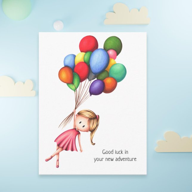 Carte Postale Fille d'adieu avec ballons colorés Personnalisé (Adorable farewell postcard with a girl and balloons)