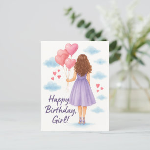 Carte Postale Fille d'anniversaire avec ballons - Aquarelle Salu