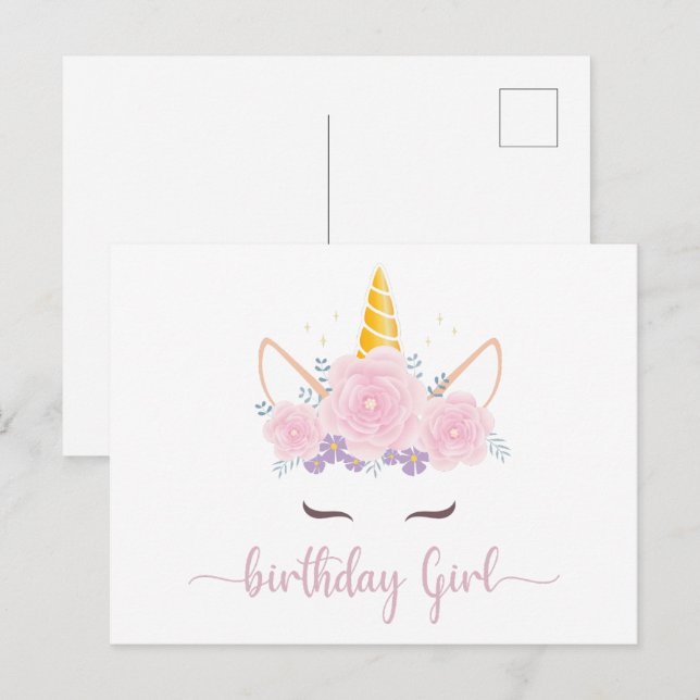 Carte Postale Fille d'anniversaire licorne écriture moderne (Devant / Derrière)