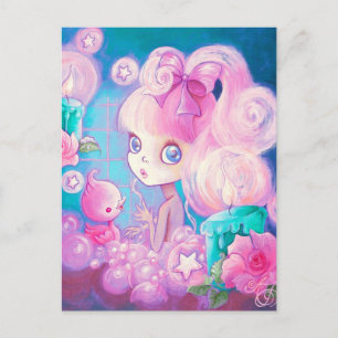 Carte Postale Fille dans Bain de Bubblebath avec bougies et Rose