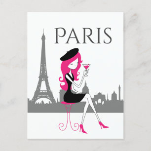 Carte Postale Fille dans un Café à Paris Tour Eiffel Chic