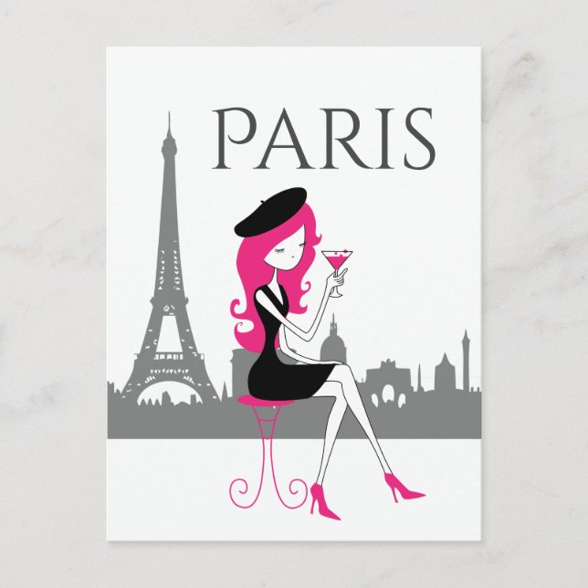 Carte Postale Fille dans un Café à Paris Tour Eiffel Chic (Devant)