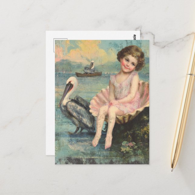 Carte Postale Fille dans un coquillage et un pélican (Devant/Arrière en situation)