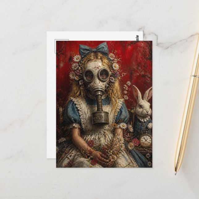 Carte Postale Fille dans un masque à gaz avec lapin blanc (Devant/Arrière en situation)