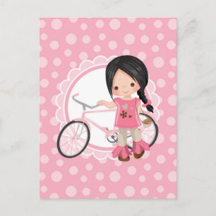 Carte Postale Fille de bicyclette aux cheveux noirs - Rose blanc