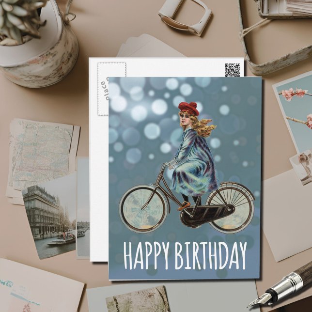 Carte Postale Fille de bicyclette vintage - Anniversaire (Créateur téléchargé)