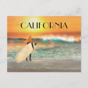 Carte Postale Fille de Californie surfeuse plage coucher de sole