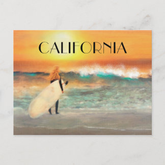 Carte Postale Fille de Californie surfeuse plage coucher de sole