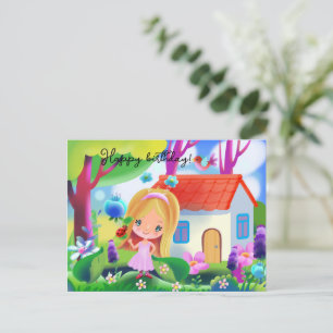 Carte Postale Fille de dessin animé mignonne et maison de fée