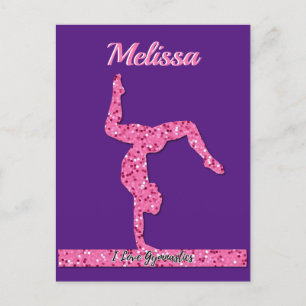 Carte Postale Fille de gymnastique rose Poutre d'équilibre scint
