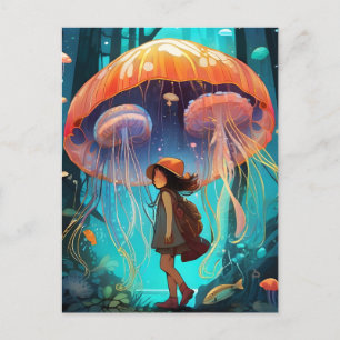 Carte Postale Fille de méduse de fantaisie marchant sous l'océan