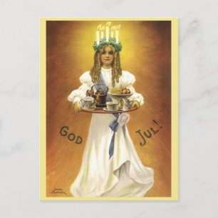 Carte Postale Fille de Noël suédoise Lit Candle Wreath sur la tê