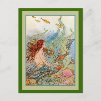Carte Postale Fille de sirène en mer avec poissons et coquillage