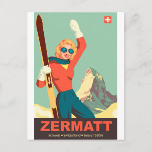 Carte Postale Fille de ski de Zermatt, Suisse
