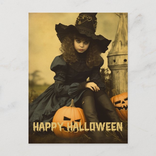 Carte Postale Fille de sorcière méchante mignonne d'Halloween en (Devant)